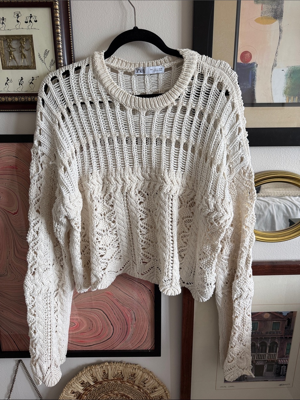 Zara Cream Open-Weave Crewneck Sweater